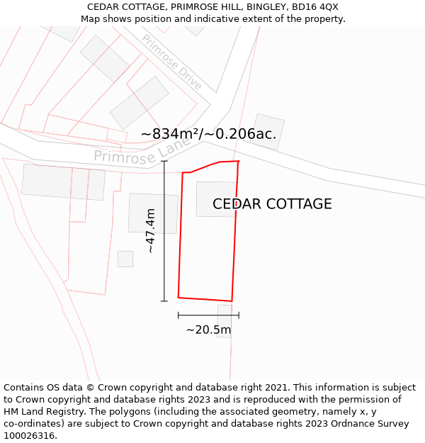 CEDAR COTTAGE, PRIMROSE HILL, BINGLEY, BD16 4QX: Plot and title map