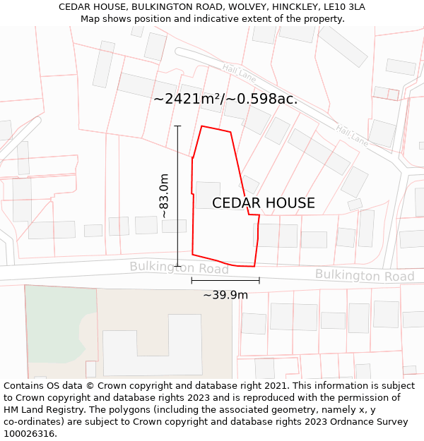 CEDAR HOUSE, BULKINGTON ROAD, WOLVEY, HINCKLEY, LE10 3LA: Plot and title map