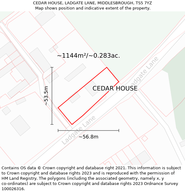 CEDAR HOUSE, LADGATE LANE, MIDDLESBROUGH, TS5 7YZ: Plot and title map