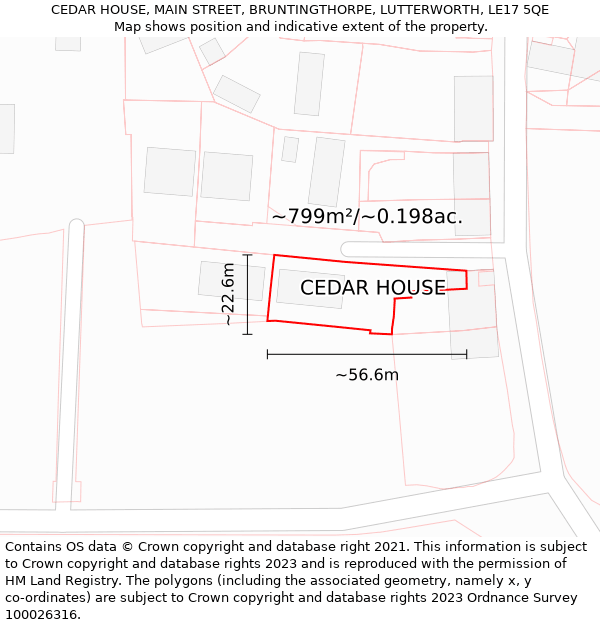 CEDAR HOUSE, MAIN STREET, BRUNTINGTHORPE, LUTTERWORTH, LE17 5QE: Plot and title map