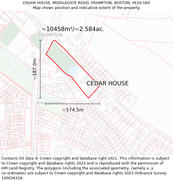 CEDAR HOUSE, MIDDLEGATE ROAD, FRAMPTON, BOSTON, PE20 1BX: Plot and title map