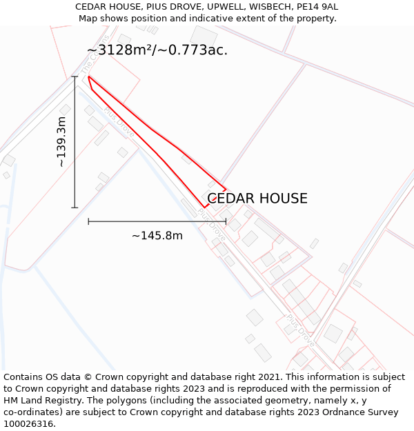 CEDAR HOUSE, PIUS DROVE, UPWELL, WISBECH, PE14 9AL: Plot and title map