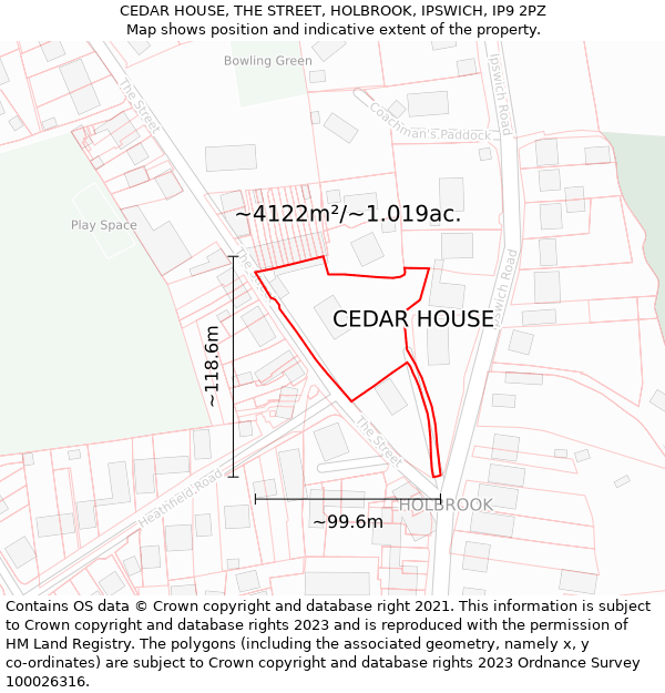 CEDAR HOUSE, THE STREET, HOLBROOK, IPSWICH, IP9 2PZ: Plot and title map