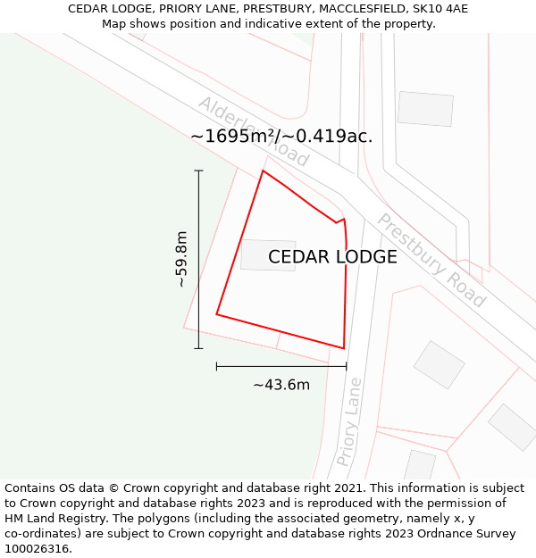 CEDAR LODGE, PRIORY LANE, PRESTBURY, MACCLESFIELD, SK10 4AE: Plot and title map