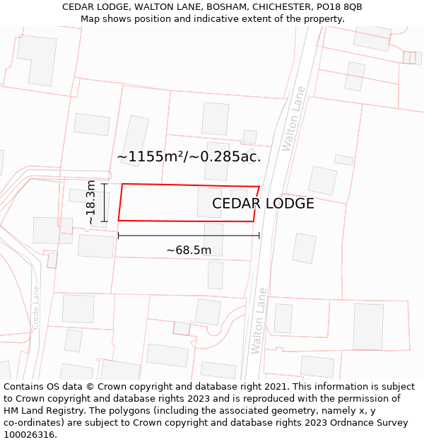 CEDAR LODGE, WALTON LANE, BOSHAM, CHICHESTER, PO18 8QB: Plot and title map