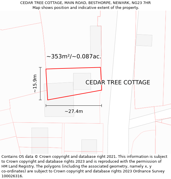 CEDAR TREE COTTAGE, MAIN ROAD, BESTHORPE, NEWARK, NG23 7HR: Plot and title map