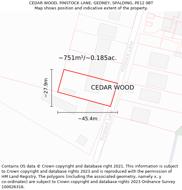 CEDAR WOOD, PINSTOCK LANE, GEDNEY, SPALDING, PE12 0BT: Plot and title map