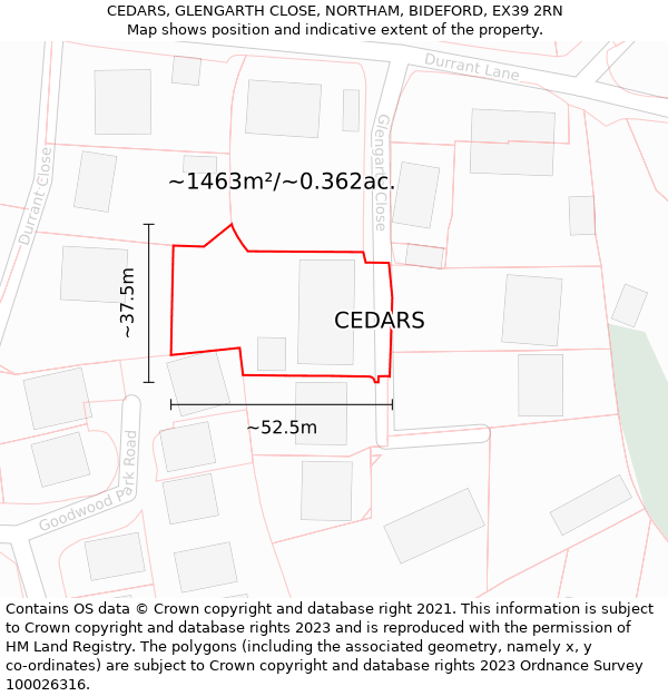 CEDARS, GLENGARTH CLOSE, NORTHAM, BIDEFORD, EX39 2RN: Plot and title map