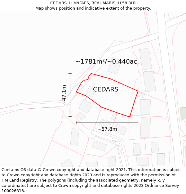 CEDARS, LLANFAES, BEAUMARIS, LL58 8LR: Plot and title map