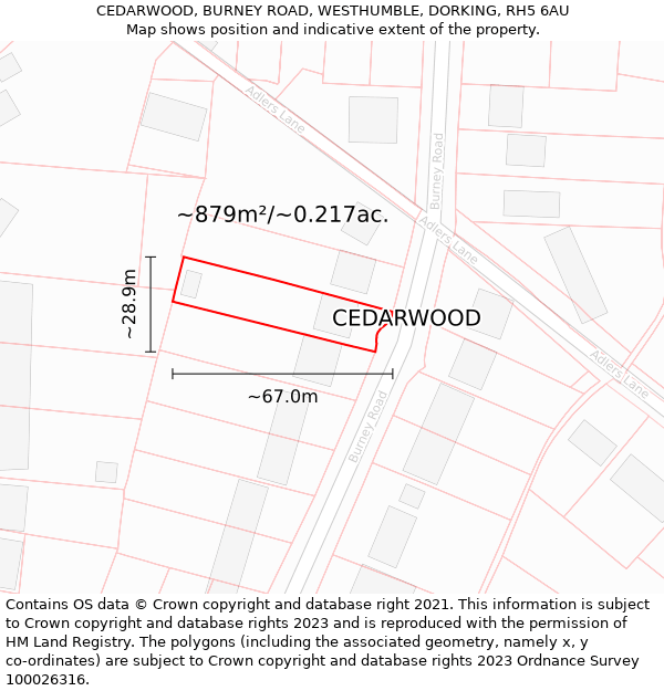 CEDARWOOD, BURNEY ROAD, WESTHUMBLE, DORKING, RH5 6AU: Plot and title map