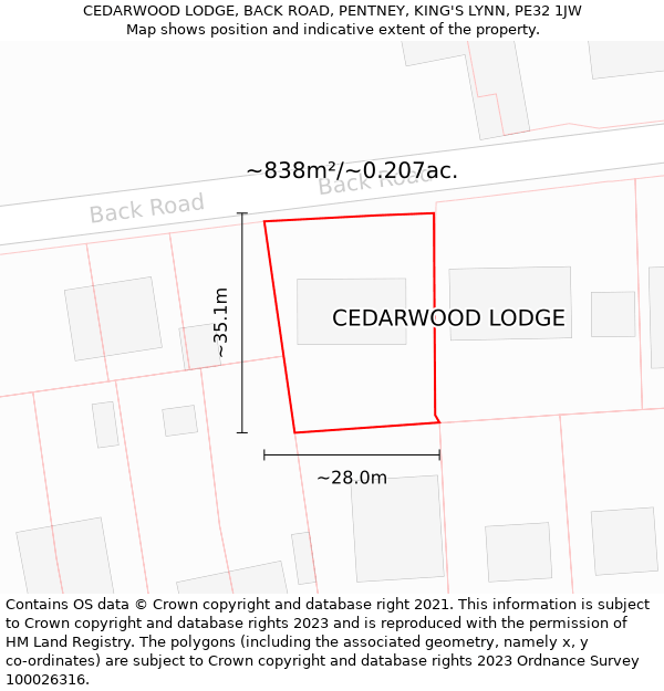 CEDARWOOD LODGE, BACK ROAD, PENTNEY, KING'S LYNN, PE32 1JW: Plot and title map
