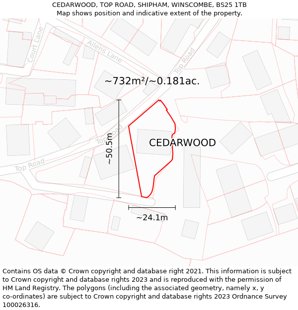 CEDARWOOD, TOP ROAD, SHIPHAM, WINSCOMBE, BS25 1TB: Plot and title map