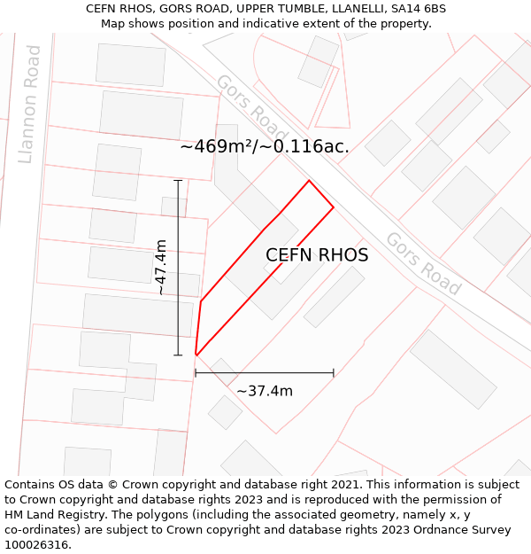 CEFN RHOS, GORS ROAD, UPPER TUMBLE, LLANELLI, SA14 6BS: Plot and title map