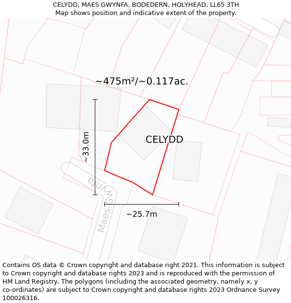 CELYDD, MAES GWYNFA, BODEDERN, HOLYHEAD, LL65 3TH: Plot and title map