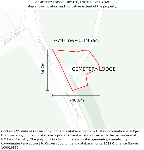 CEMETERY LODGE, UPGATE, LOUTH, LN11 9QW: Plot and title map