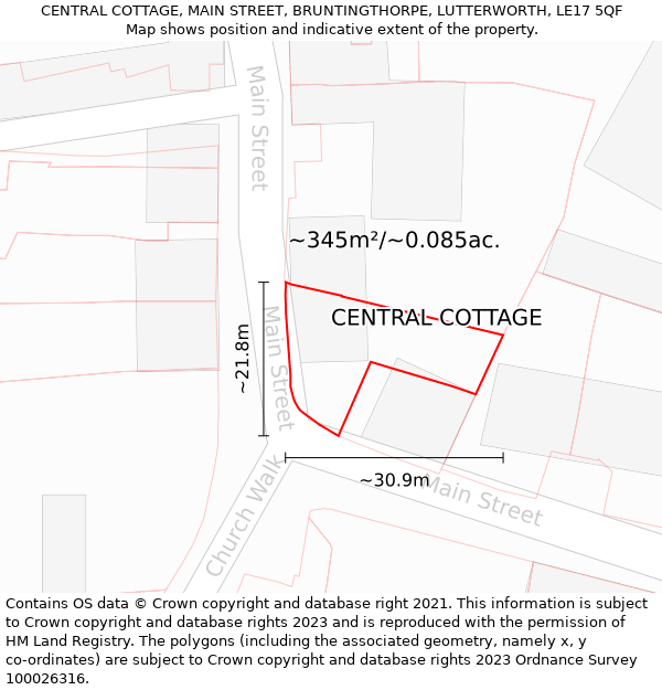 CENTRAL COTTAGE, MAIN STREET, BRUNTINGTHORPE, LUTTERWORTH, LE17 5QF: Plot and title map