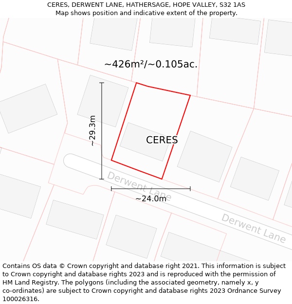 CERES, DERWENT LANE, HATHERSAGE, HOPE VALLEY, S32 1AS: Plot and title map