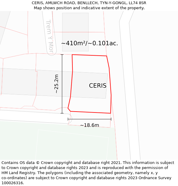 CERIS, AMLWCH ROAD, BENLLECH, TYN-Y-GONGL, LL74 8SR: Plot and title map