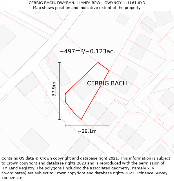 CERRIG BACH, DWYRAN, LLANFAIRPWLLGWYNGYLL, LL61 6YD: Plot and title map