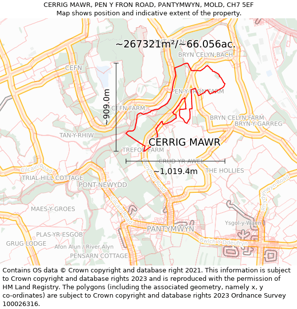 CERRIG MAWR, PEN Y FRON ROAD, PANTYMWYN, MOLD, CH7 5EF: Plot and title map