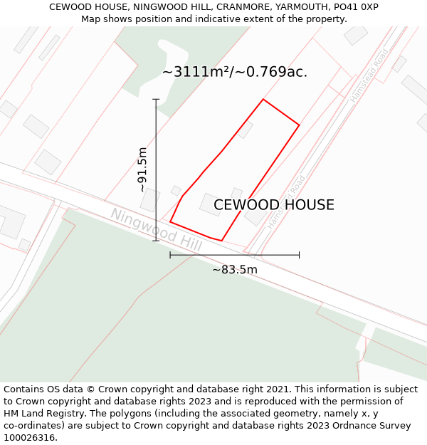 CEWOOD HOUSE, NINGWOOD HILL, CRANMORE, YARMOUTH, PO41 0XP: Plot and title map