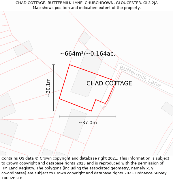 CHAD COTTAGE, BUTTERMILK LANE, CHURCHDOWN, GLOUCESTER, GL3 2JA: Plot and title map