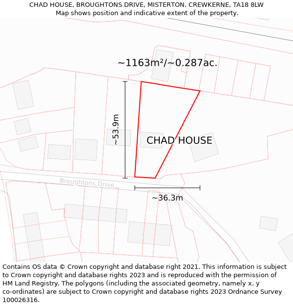 CHAD HOUSE, BROUGHTONS DRIVE, MISTERTON, CREWKERNE, TA18 8LW: Plot and title map