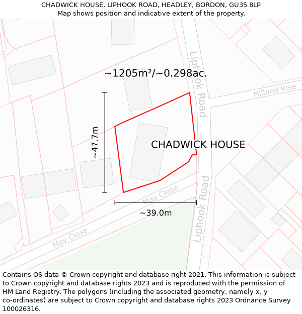 CHADWICK HOUSE, LIPHOOK ROAD, HEADLEY, BORDON, GU35 8LP: Plot and title map