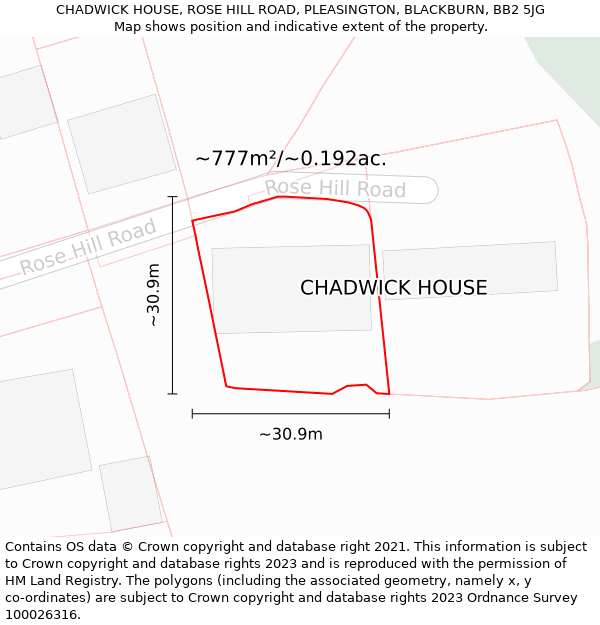 CHADWICK HOUSE, ROSE HILL ROAD, PLEASINGTON, BLACKBURN, BB2 5JG: Plot and title map