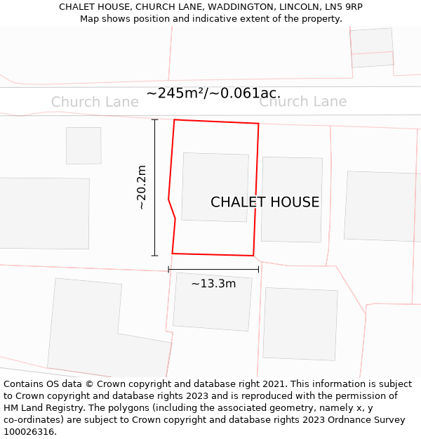 CHALET HOUSE, CHURCH LANE, WADDINGTON, LINCOLN, LN5 9RP: Plot and title map