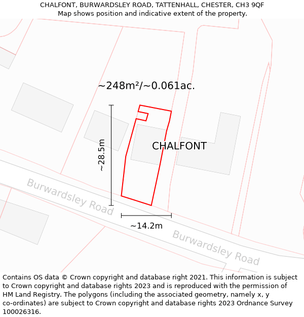 CHALFONT, BURWARDSLEY ROAD, TATTENHALL, CHESTER, CH3 9QF: Plot and title map