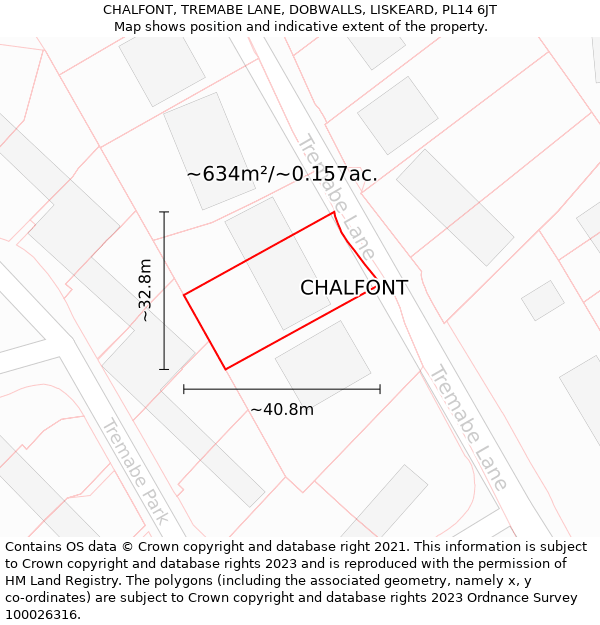 CHALFONT, TREMABE LANE, DOBWALLS, LISKEARD, PL14 6JT: Plot and title map