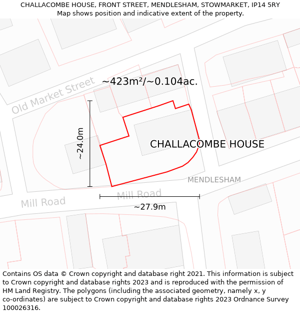 CHALLACOMBE HOUSE, FRONT STREET, MENDLESHAM, STOWMARKET, IP14 5RY: Plot and title map