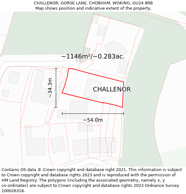 CHALLENOR, GORSE LANE, CHOBHAM, WOKING, GU24 8RB: Plot and title map