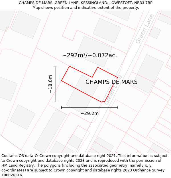 CHAMPS DE MARS, GREEN LANE, KESSINGLAND, LOWESTOFT, NR33 7RP: Plot and title map