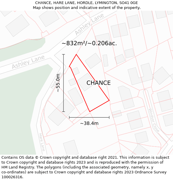 CHANCE, HARE LANE, HORDLE, LYMINGTON, SO41 0GE: Plot and title map