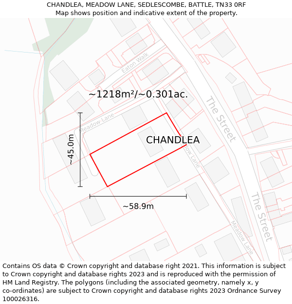 CHANDLEA, MEADOW LANE, SEDLESCOMBE, BATTLE, TN33 0RF: Plot and title map