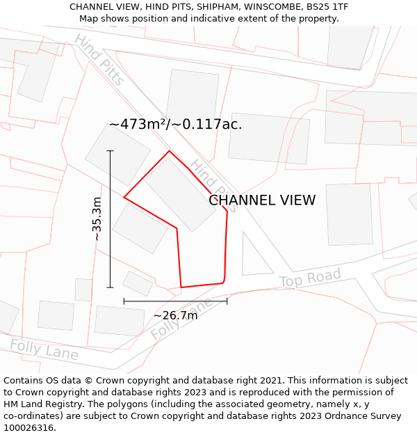 CHANNEL VIEW, HIND PITS, SHIPHAM, WINSCOMBE, BS25 1TF: Plot and title map