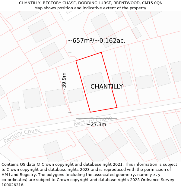 CHANTILLY, RECTORY CHASE, DODDINGHURST, BRENTWOOD, CM15 0QN: Plot and title map