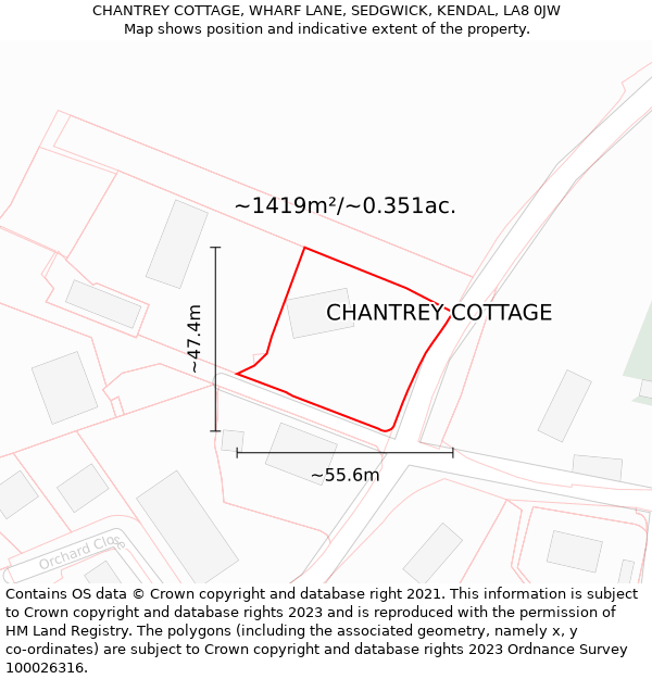 CHANTREY COTTAGE, WHARF LANE, SEDGWICK, KENDAL, LA8 0JW: Plot and title map