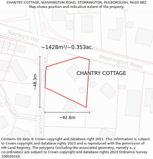 CHANTRY COTTAGE, WASHINGTON ROAD, STORRINGTON, PULBOROUGH, RH20 4BZ: Plot and title map