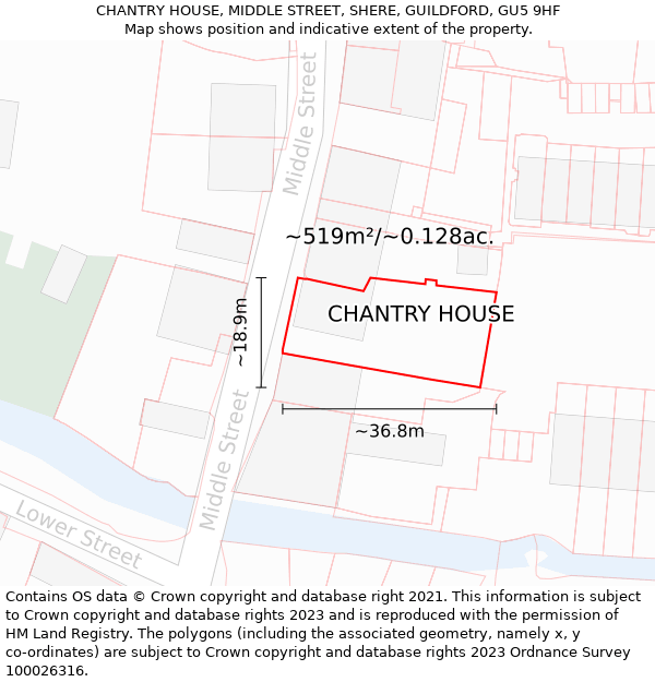 CHANTRY HOUSE, MIDDLE STREET, SHERE, GUILDFORD, GU5 9HF: Plot and title map
