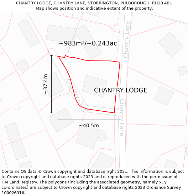 CHANTRY LODGE, CHANTRY LANE, STORRINGTON, PULBOROUGH, RH20 4BU: Plot and title map