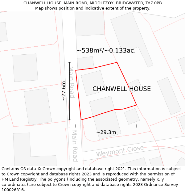 CHANWELL HOUSE, MAIN ROAD, MIDDLEZOY, BRIDGWATER, TA7 0PB: Plot and title map