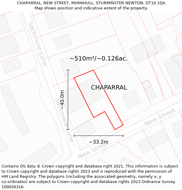 CHAPARRAL, NEW STREET, MARNHULL, STURMINSTER NEWTON, DT10 1QA: Plot and title map