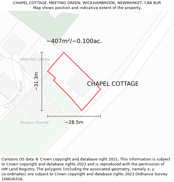 CHAPEL COTTAGE, MEETING GREEN, WICKHAMBROOK, NEWMARKET, CB8 8UR: Plot and title map