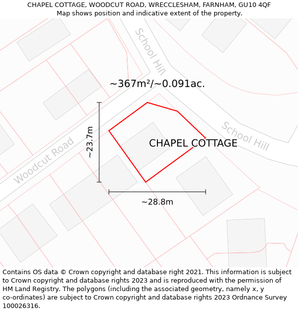 CHAPEL COTTAGE, WOODCUT ROAD, WRECCLESHAM, FARNHAM, GU10 4QF: Plot and title map