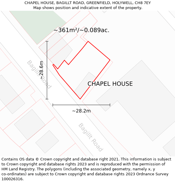 CHAPEL HOUSE, BAGILLT ROAD, GREENFIELD, HOLYWELL, CH8 7EY: Plot and title map