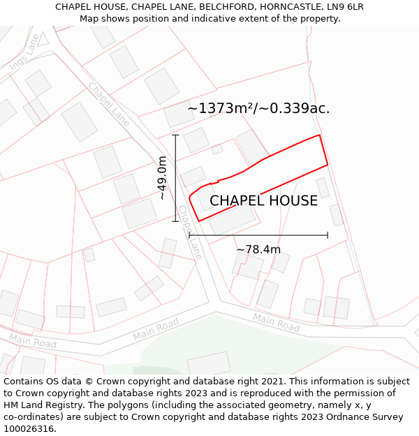 CHAPEL HOUSE, CHAPEL LANE, BELCHFORD, HORNCASTLE, LN9 6LR: Plot and title map