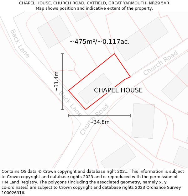 CHAPEL HOUSE, CHURCH ROAD, CATFIELD, GREAT YARMOUTH, NR29 5AR: Plot and title map